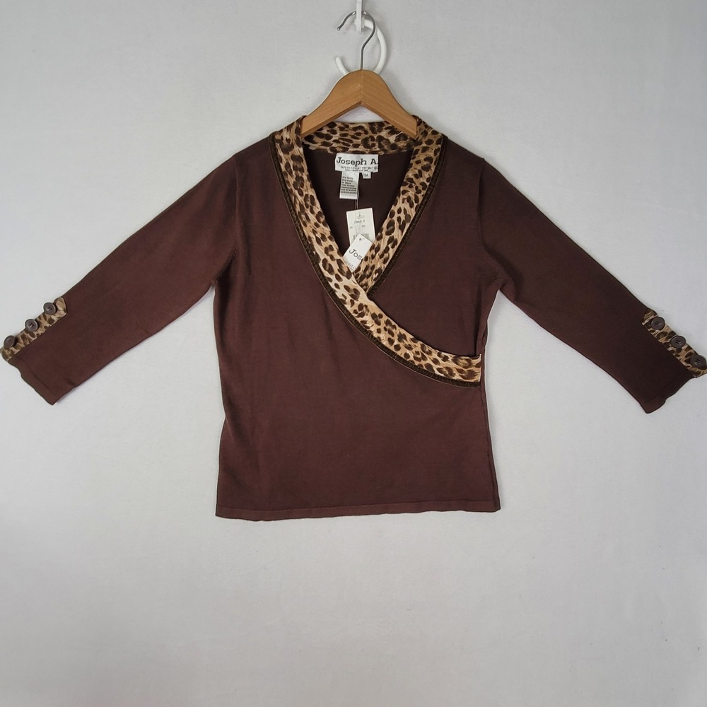 NWT JOSEPH A WOMEN'S TOP MEDIUM BROWN LEOPARD TRIM LONG SLEEVE KNIT BLOUSE NEW - Picture 11 of 16